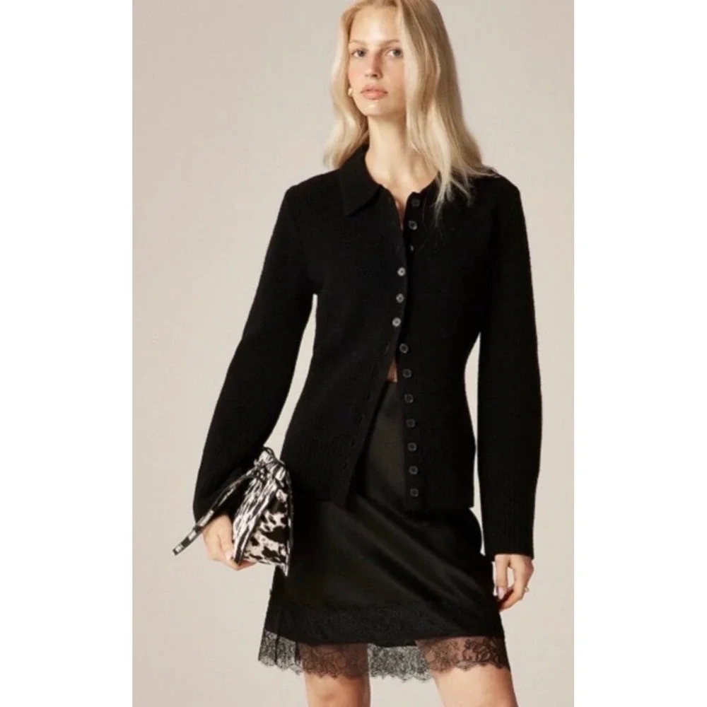 J.Crew | 2025 Milano-Stitch Cinched-Waist Cardigan XL Black Lambs Wool CM715